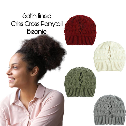 Ponytail Satin Lined Beanies | Satin Lined Beanie | Unisex | Satin Lined Winter Hat | Kid Beanies |Baby Beanie | Satin Lined Criss cross