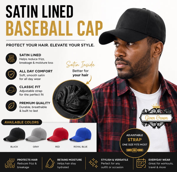 Satin Lined Baseball Cap For Curly Hair | Baseball Cap | Satin Hat | Men's Athletic Baseball Fitted Cap | Adjustable Hat | Dad Hat | Sun Hat