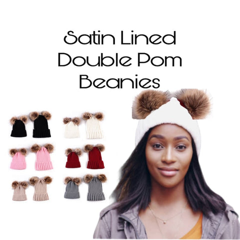 Pom Pom Satin Lined Beanie | Double Pom Pom Beanie | Adult Satin Lined Beanies | Toddler Satin Lined Beanies | Satin Lined Winter Hat | Ski
