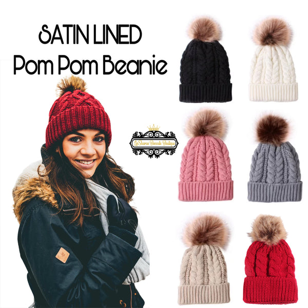 Pom Pom Satin Lined Beanie | Adult Satin Lined Beanies | Toddler Satin Lined Beanies | Satin Lined Winter Hat