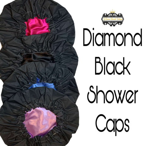 Diamond Black Shower Caps | Luxury Large Satin Lined Shower Caps | Adjustable Shower Cap | Water Proof Shower Cap | Satin Shower Cap | Shower Cap | Large Shower Cap